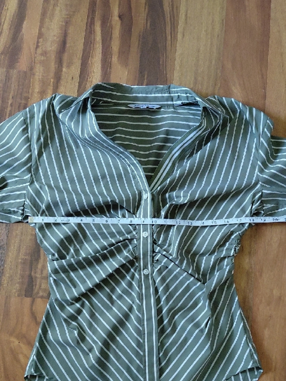 Veronica Beard Green Devra Ruched Striped Stretch-Cotton Button-Front Top - Picture 11 of 12